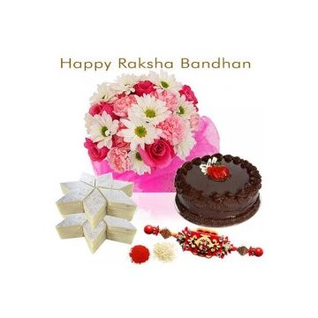 15 Pink And white Flowers Kaju Katli Sweet Half Kg Chocolate Cake Rakhi