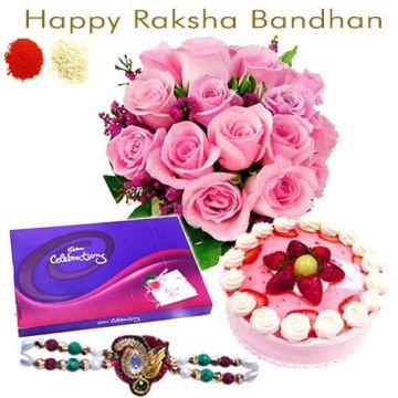 15 Pink Roses Bunch Half Kg Strawberry Cake Cadbury Celebration With Rakhi