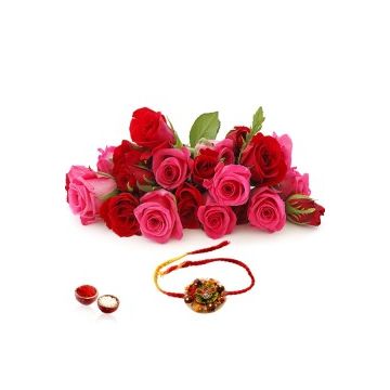 15 Red And Pink Roses Bunch With Rakhi