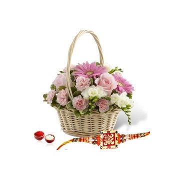 18 White And Pink Flowers In Basket With Rakhi