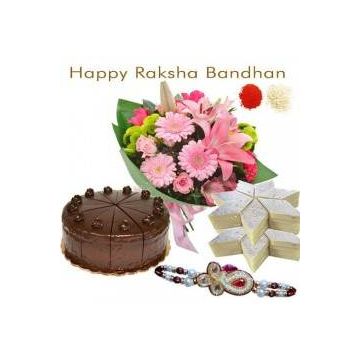 20 Mix Flowers With Half Kg Chocolate Cake Kaju Katali With Rakhi