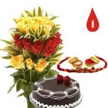 Half Kg Chocolate Truffle Cake Bunch 12 Red and Yellow Roses With Rakhi