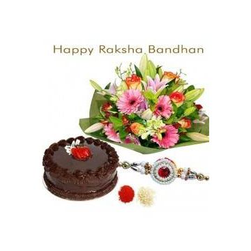 Half Kg Eggless Chocolate Truffle Cake With Bunch of 15 Mix Flowers With Rakhi