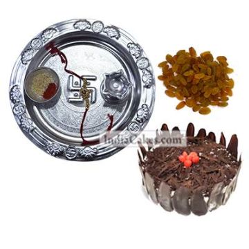 Silver Thali And Half Kg Eggless Black Forest Cake And 250 gms Raisins Dryfruits