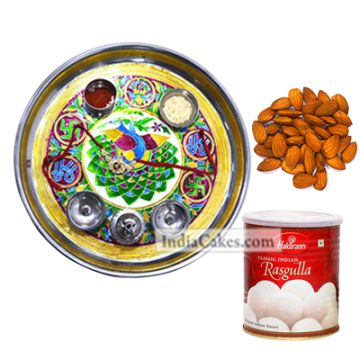 Golden Thali With Green Design And Rasgulla And Almond