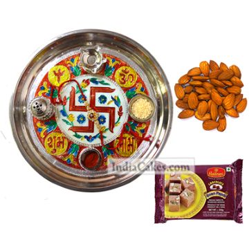 Golden Thali With Red Design And Soanpapdi And Almond