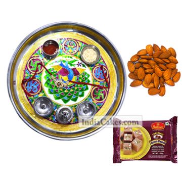 Golden Thali With Green Design And Soanpapdi And Almond