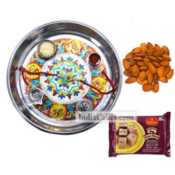 Silver Thali With Design And Soanpapdi And Almond