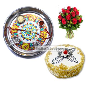 Silver Thali With Design And Half Kg Eggless Butterscotch Cake And 10 Red Roses Bunch