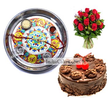 Silver Thali With Design And Half Kg Eggless Chocolate Truffle Cake And 10 Red Roses Bunch