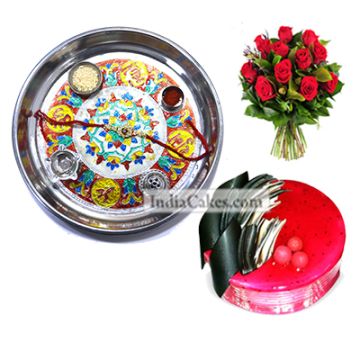 Silver Thali With Design And Half Kg Eggless Strawberry Cake And 10 Red Roses Bunch