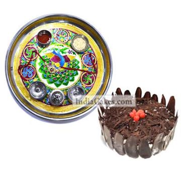 Golden Thali With Green Design And Half Kg Eggless Black Forest Cake