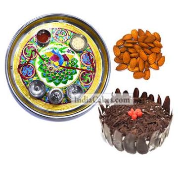 Golden Thali With Green Design And Half Kg Eggless Black Forest Cake And 250 gms Almond Dryfruits
