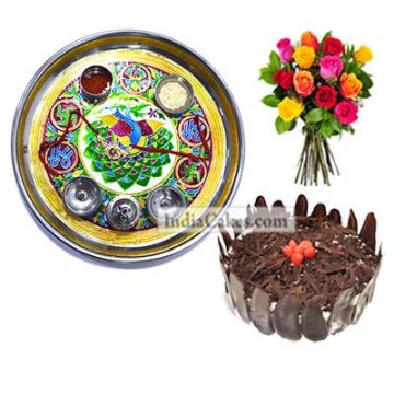 Golden Thali With Green Design And Half Kg Eggless Black Forest Cake And 10 Mix Roses Bunch