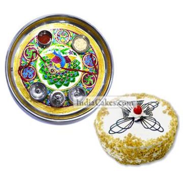 Golden Thali With Green Design And Half Kg Eggless Butterscotch Cake