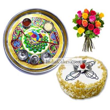 Golden Thali With Green Design And Half Kg Eggless Butterscotch Cake And 10 Mix Roses Bunch