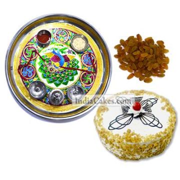 Golden Thali With Green Design And Half Kg Eggless Butterscotch Cake And 250 gms Raisins Dryfruits
