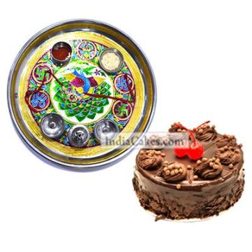 Golden Thali With Green Design And Half Kg Eggless Chocolate Truffle Cake