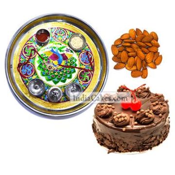 Golden Thali With Green Design And Half Kg Eggless Chocolate Truffle Cake And 250 gms Almond Dryfruits