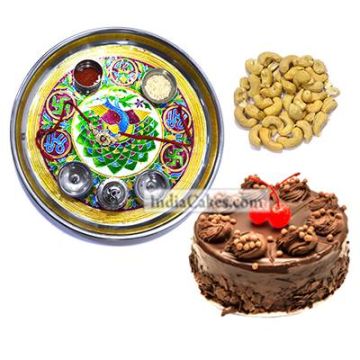 Golden Thali With Green Design And Half Kg Eggless Chocolate Truffle Cake And 250 gms Cashew Dryfruits