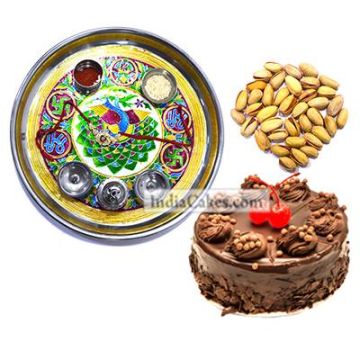 Golden Thali With Green Design And Half Kg Eggless Chocolate Truffle Cake And 250 gms Pista Dryfruits