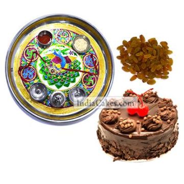 Golden Thali With Green Design And Half Kg Eggless Chocolate Truffle Cake And 250 gms Raisins Dryfruits