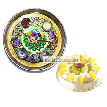 Golden Thali With Green Design And Half Kg Eggless Pineapple Cake