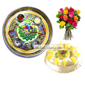 Golden Thali With Green Design And Half Kg Eggless Pineapple Cake And 10 Mix Roses Bunch