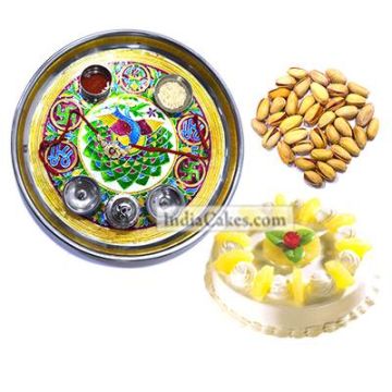 Golden Thali With Green Design And Half Kg Eggless Pineapple Cake And 250 gms Pista Dryfruits