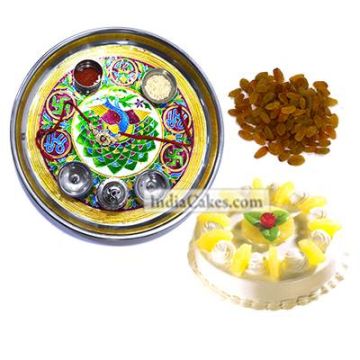 Golden Thali With Green Design And Half Kg Eggless Pineapple Cake And 250 gms Raisins Dryfruits