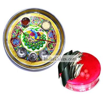 Golden Thali With Green Design And Half Kg Eggless Strawberry Cake