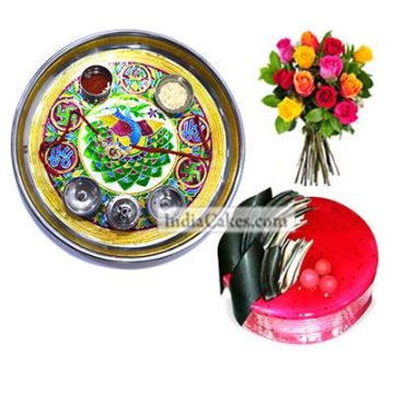 Golden Thali With Green Design And Half Kg Eggless Strawberry Cake And 10 Mix Roses Bunch