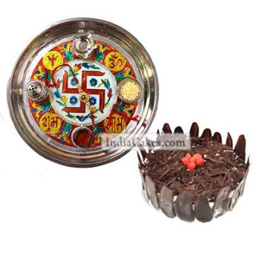 Golden Thali With Red Design And Half Kg Eggless Black Forest Cake