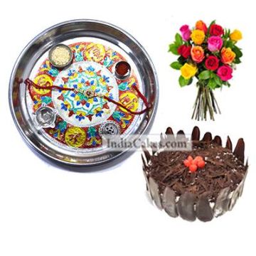 Silver Thali With Design And Half Kg Eggless Black Forest Cake And 10 Mix Roses Bunch