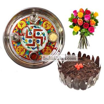 Golden Thali With Red Design And Half Kg Eggless Black Forest Cake And 10 Mix Roses Bunch
