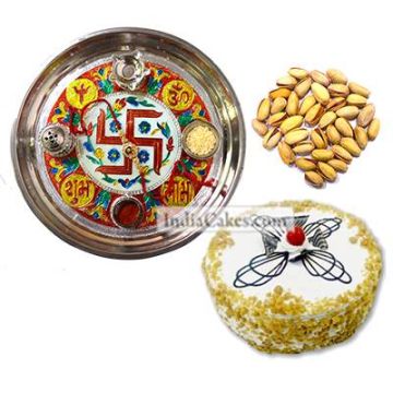 Golden Thali With Red Design And Half Kg Eggless Butterscotch Cake And 250 gms Pista Dryfruits