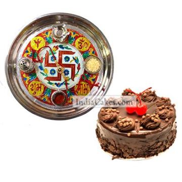 Golden Thali With Red Design And Half Kg Eggless Chocolate Truffle Cake