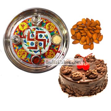 Golden Thali With Red Design And Half Kg Eggless Chocolate Truffle Cake And 250 gms Almond Dryfruits