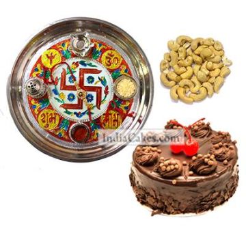 Golden Thali With Red Design And Half Kg Eggless Chocolate Truffle Cake And 250 gms Cashew Dryfruits