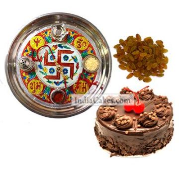 Golden Thali With Red Design And Half Kg Eggless Chocolate Truffle Cake And 250 gms Raisins Dryfruits