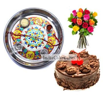 Silver Thali With Design And Half Kg Eggless Chocolate Truffle Cake And 10 Mix Roses Bunch
