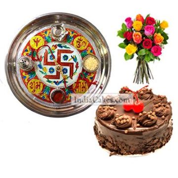 Golden Thali With Red Design And Half Kg Eggless Chocolate Truffle Cake And 10 Mix Roses Bunch