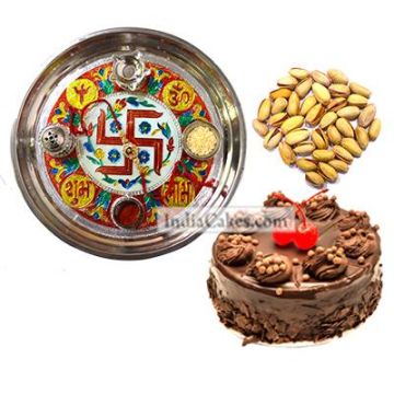 Golden Thali With Red Design And Half Kg Eggless Chocolate Truffle Cake And 250 gms Pista Dryfruits