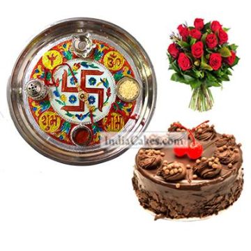 Golden Thali With Red Design And Half Kg Eggless Chocolate Truffle Cake And 10 Red Roses Bunch