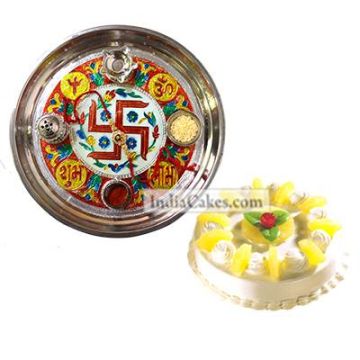 Golden Thali With Red Design And Half Kg Eggless Pineapple Cake