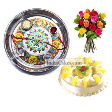 Silver Thali With Design And Half Kg Eggless Pineapple Cake And 10 Mix Roses Bunch