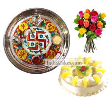 Golden Thali With Red Design And Half Kg Eggless Pineapple Cake And 10 Mix Roses Bunch