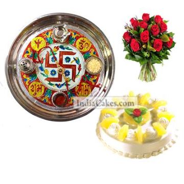 Golden Thali With Red Design And Half Kg Eggless Pineapple Cake And 10 Red Roses Bunch