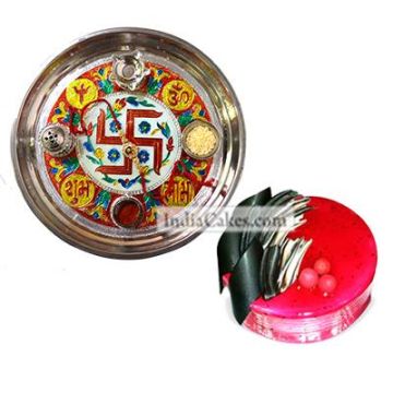 Golden Thali With Red Design And Half Kg Eggless Strawberry Cake