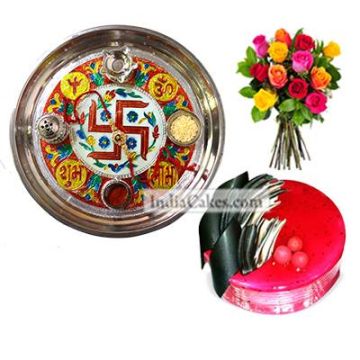 Golden Thali With Red Design And Half Kg Eggless Strawberry Cake And 10 Mix Roses Bunch